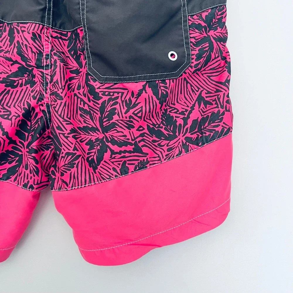 Mens Colorblock Tropical Palm Swim Trunks‎ Neon Pink Charcoal Board Shorts M